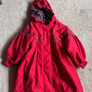 Vibrant Vintage Red Hooded Coat with Balloon Sleeves